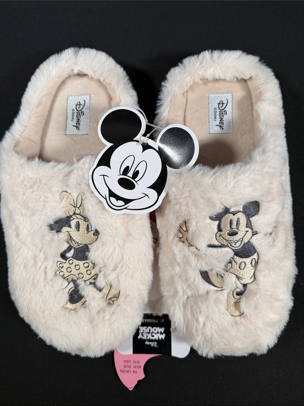 NWT Disney x Primark Mickey & Minnie Mouse Fluffy Mule Slippers Cream Size 9/10
